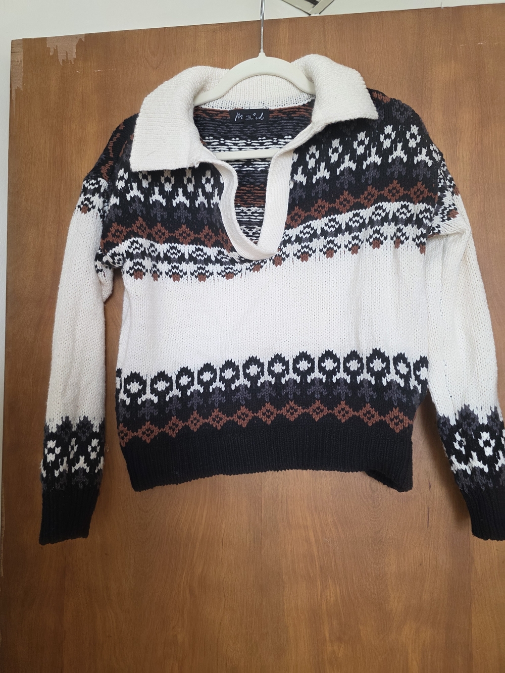 Cream, Black & Brown Fair Isle Cowl Sweater Size Xs